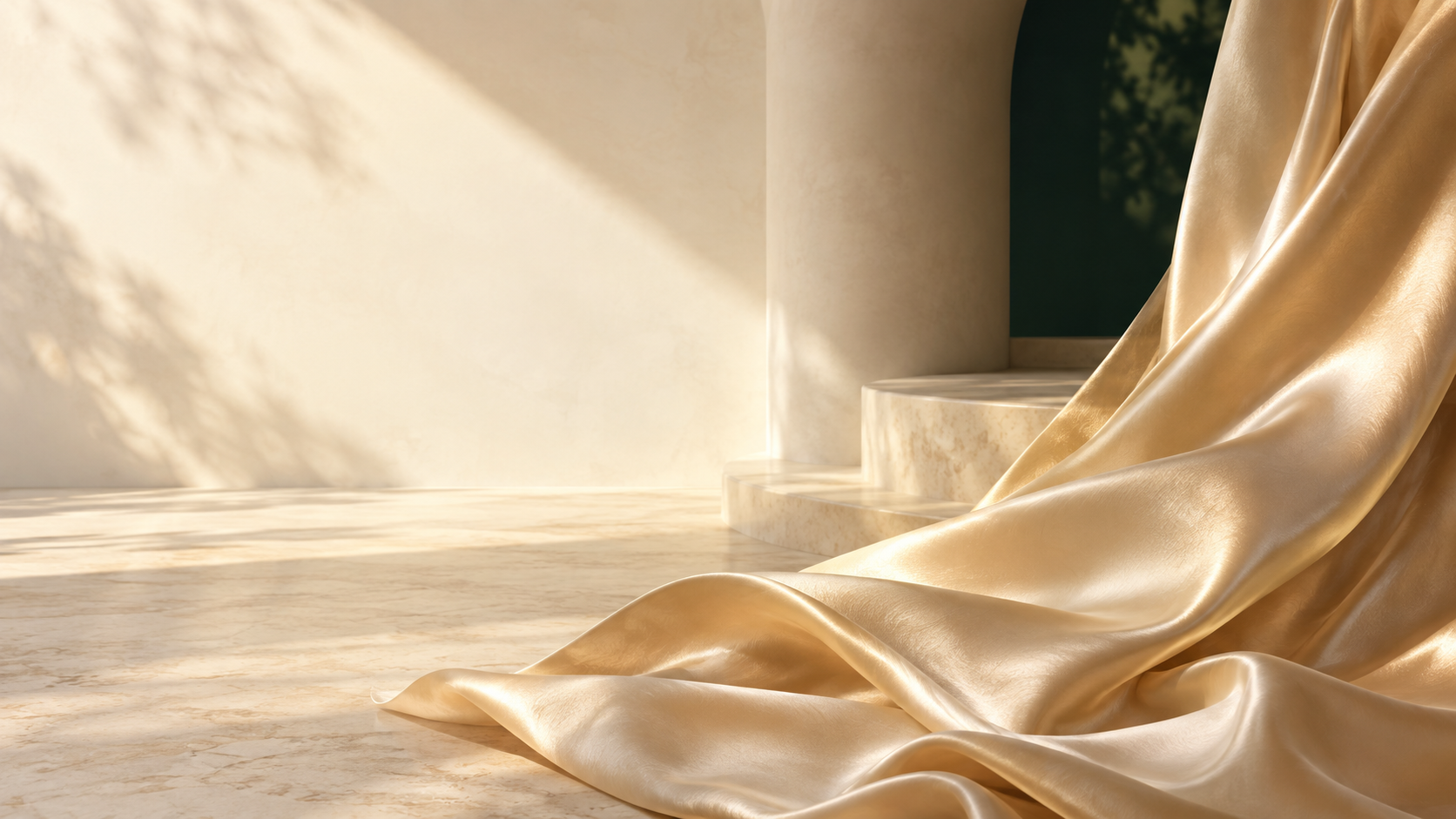 Champagne silk flowing across a softly lit stone setting